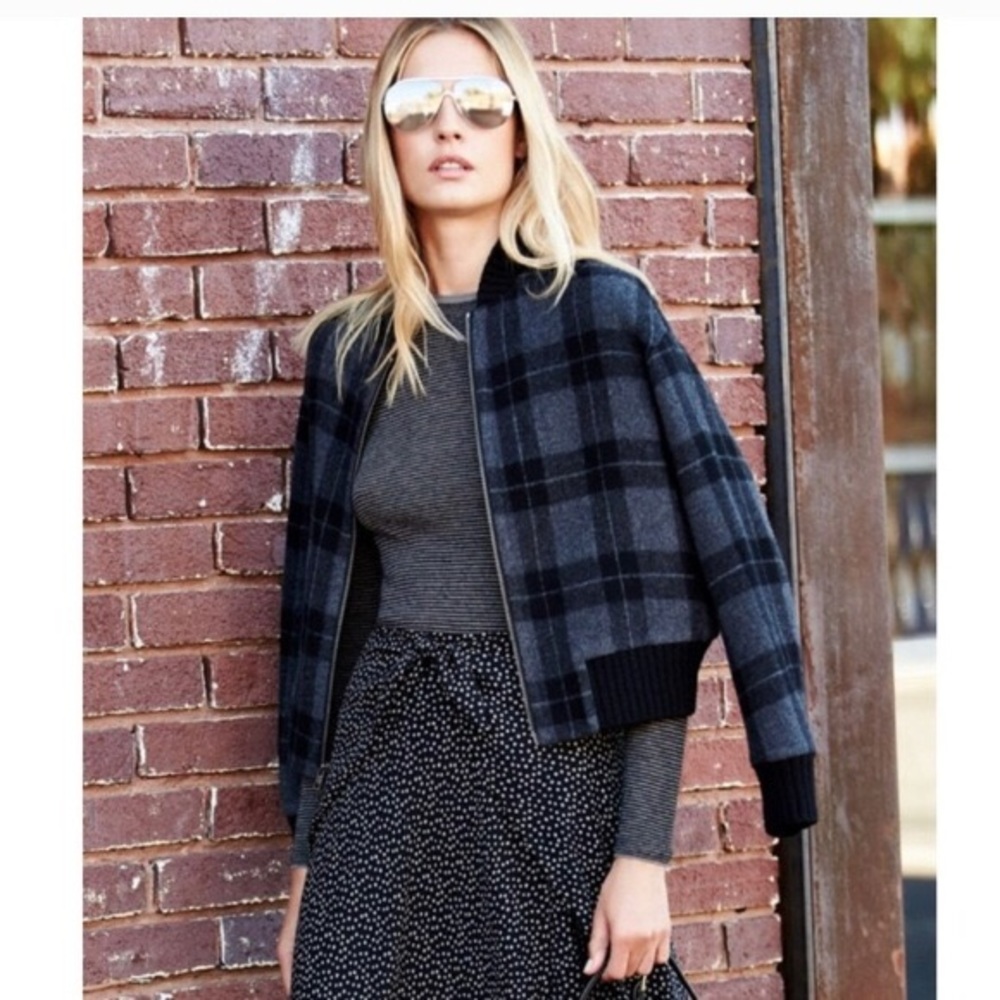 NWT $595 Vince Tonal Plaid Wool-Knit Bomber Jacket Black L